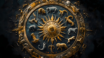 Obraz premium Mystical zodiac wheel featuring hand painted zodiac animals set against a dark textured background. Eclipse Prophecies. Illustration