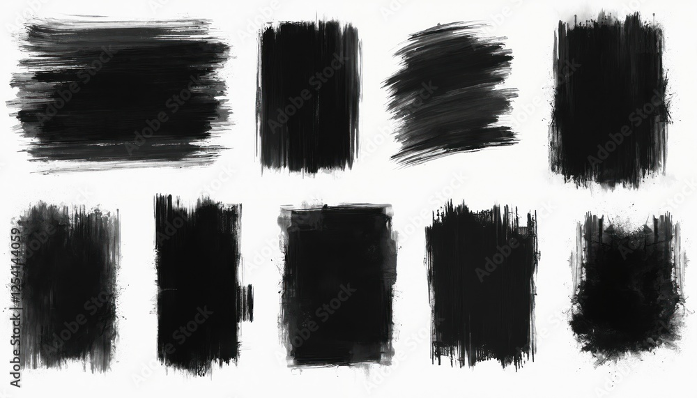 Poster collection of black grunge design elements. paint roller strokes textures and grainy frames set. use