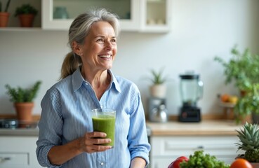 Smiling middle aged woman with smoothie in kitchen. Healthy dieting, eating, cooking for natural anti aging, weight loss program. Vegan, vegetarian diet beverage.
