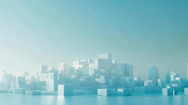 Minimalist futuristic cityscape with white geometric buildings and soft blue sky
