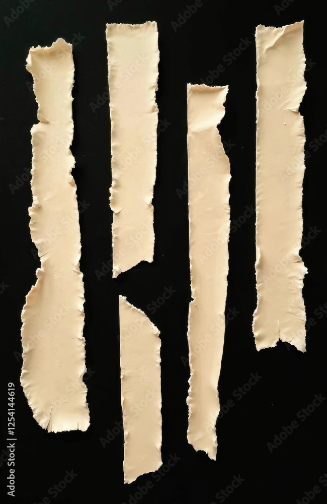 Aufkleber close-up on torn light paper stripes against dark backdrop. abstract ragged design with ripped edges