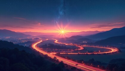 Illustration of night highway weaving through landscape against sunset sky. Car lights motion blur, fast speed movement, travel direction background. Generative AI art shows long exposure asphalt