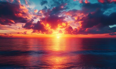 Obraz premium Beautiful sunset over the sea with vibrant colors and dramatic clouds creating a serene view