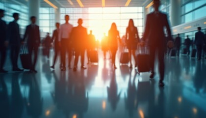 Blurred crowd of business people walking in airport. Passengers with luggage transit at terminal. Modern urban cityscape background. Travel and business trips.