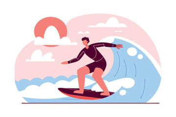 Young man balancing on a surfboard riding the wave. Water sport. Summer vacation. Tropical resort