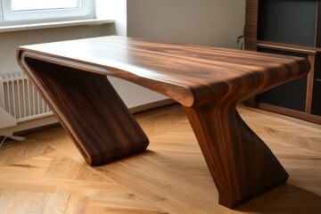 This stylish wooden table showcases a modern and sleek design, perfect for contemporary interiors, combining functionality with artistic elegance.