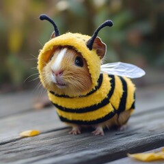 This delightful guinea pig dons a yellow bee costume with wings, bringing cuteness and charm, ideal for bright and cheerful animal-themed content.