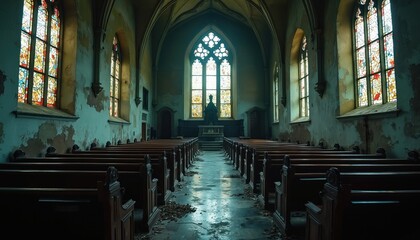 Fototapeta premium Creepy old church interior with stained glass windows evokes chilling atmosphere. Abandoned decrepit cathedral filled with ominous mystery, ghost shadows, place of terror. Interior view of ancient