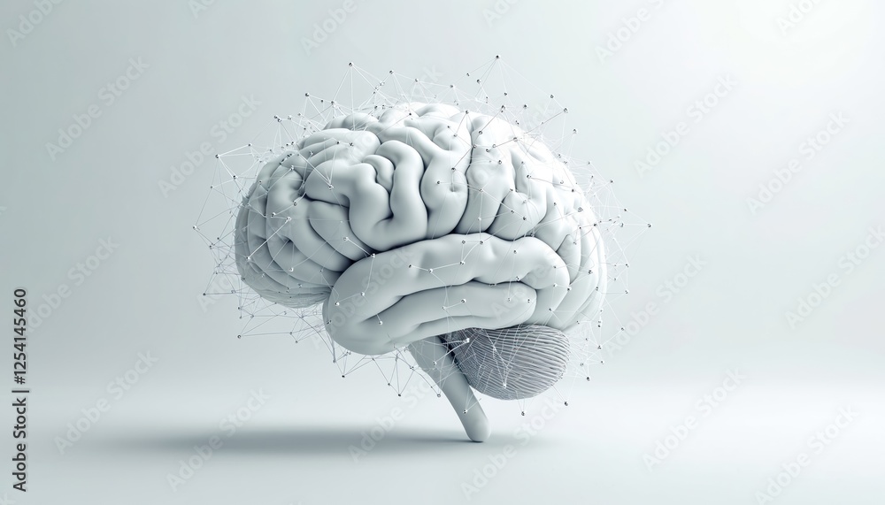 Poster illustration of white brain with interconnected network connections on a light background. represent