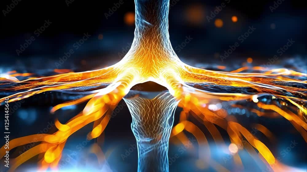 Poster an intricate, glowing representation of tree-like structures, resembling neural connections or roots