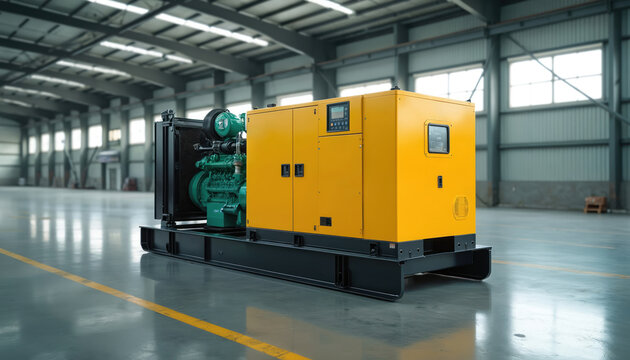 Standalone yellow diesel generator set with tank, control panel in bright industrial interior. Prepared for emergency power, backup electricity supply in commercial or residential object.