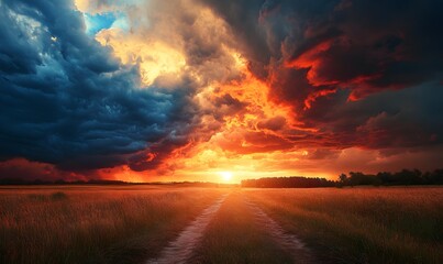 Dramatic Sky Over Golden Field, Sunset Path With Colorful Clouds and Horizon