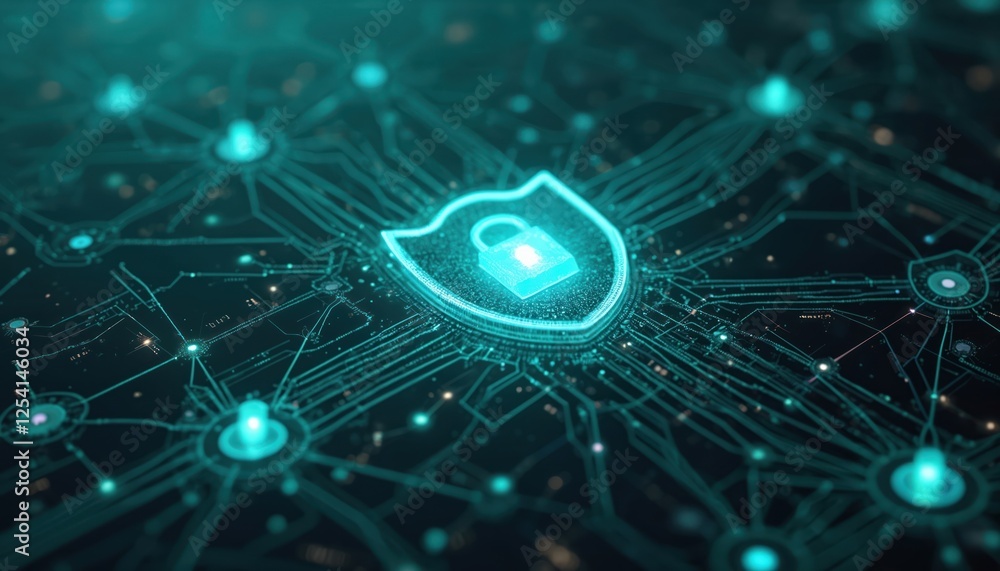 Aufkleber Illustration of data flow with security lock shield, cybersecurity network, information safety via high-tech solutions, digital data transmission, protection, secure storage, firewall implementation.