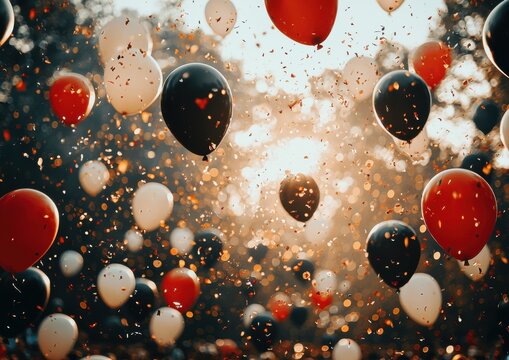 Celebration event with balloons and confetti outdoor festival colorful atmosphere warm lighting joyful vibe