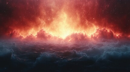 Fototapeta premium A dramatic scene depicting fiery clouds above turbulent ocean waves, evoking intense emotion.
