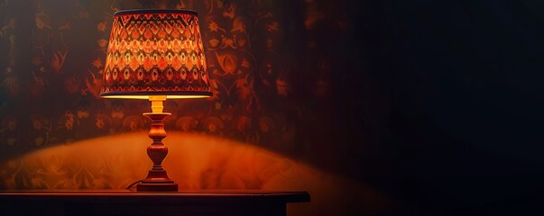 Retro lamp featuring a patterned shade on a vintage table, illuminated against a dark backdrop. The design captures the essence of nostalgia and classic aesthetics.