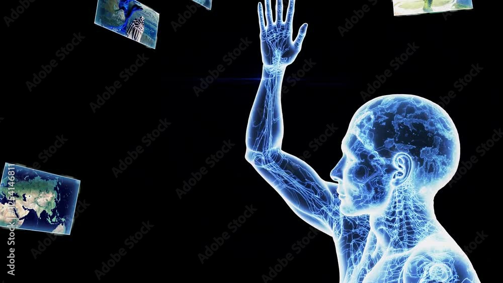 Poster futuristic digital human interacting with floating screens, concept of virtual interface and ai.