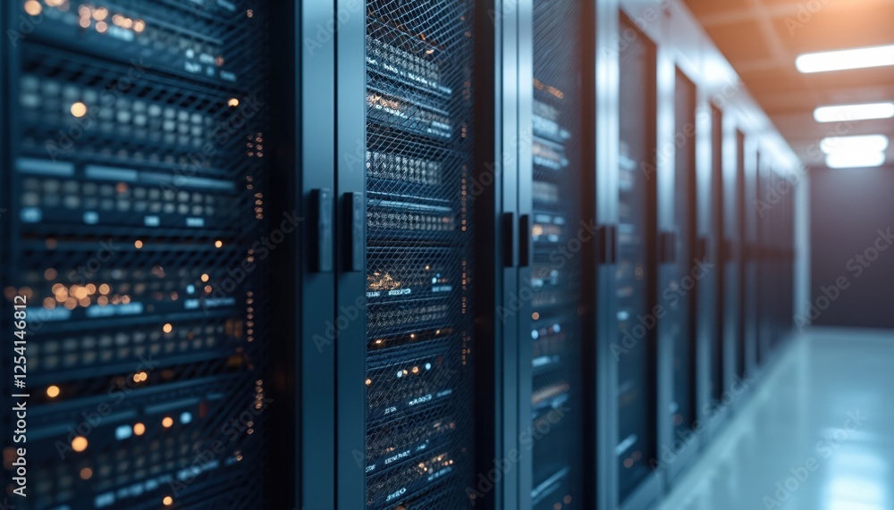 Poster illustration modern server room interior. multiple server racks, network infrastructure, data proces