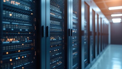 Illustration modern server room interior. Multiple server racks, network infrastructure, data processing, storage. Digital tech, high tech, cyberspace, cloud computing, data center concept. Perfect