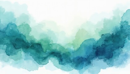 Soothing blue, green, teal watercolor pattern. Blended colors create calm art template. Soft abstract flow for fresh background. Design suits relaxation, meditation themes.