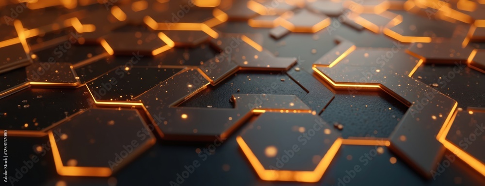 Poster Abstract 3d illustration of futuristic geometric tech hexagon background banner with glowing gold, brown, gray, black hexagonal shapes texture. Digital design concept.