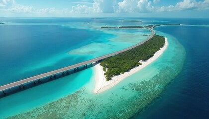 Aerial of Seven Miles Bridge, Florida Keys, with blue ocean, white sandy coastline. Highway connects the islands. Tropical scenic coast road crosses overseas highway with palm trees.