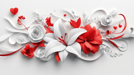 A photorealistic 3D paper art composition featuring an elegant red and white floral arrangement on a white background, intricately designed with stylized lilies, roses, 
