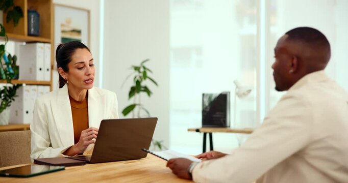 Man, woman and paperwork at startup with consultation for business plan, proposal and advice for growth. Entrepreneur, documents and meeting with mentor for discussion, guide and training in office