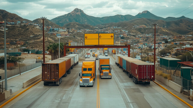 A long queue of trucks at a border checkpoint on a cloudy day