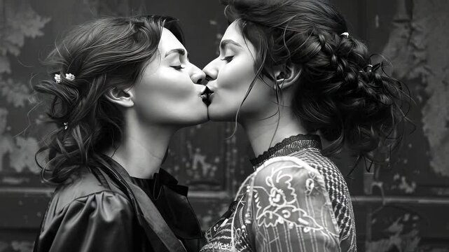 two women kissing close-up. Selective focus
