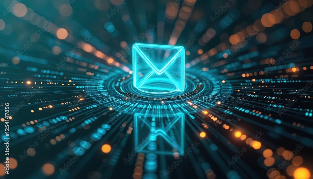 Poster email icon amidst digital data streams, binary code. emphasizing role in information technology, onl