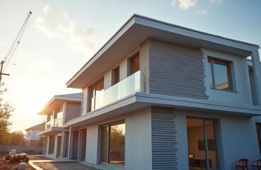 Fototapeta premium Modern three-dimensional house construction. New residential building exterior with stylish facade. Contemporary architecture with sunlight. Real estate development project. Home, apartment 3D
