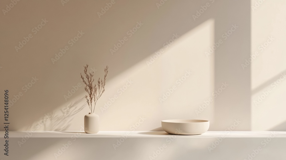 Leinwandbilder Soft shadows play on a minimalist shelf holding a vase and a bowl, creating a serene atmosphere in daylight. Generative AI
