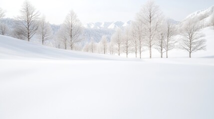 Fototapeta premium Snowy landscape, trees, mountains, winter scene, serene nature