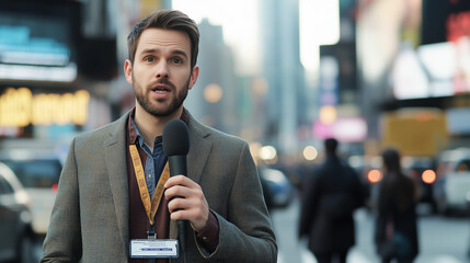 male journalist reports live from the city center about urban transportation and traffic conditions. The journalist provides insights into daily commuting in a metropolis. Concept of urban journalism.