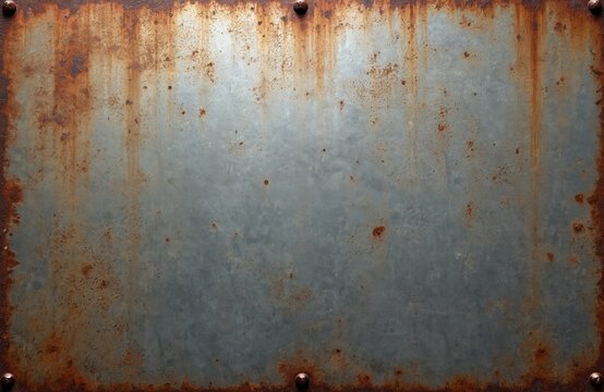 Grunge rusted metal background. Industrial steel texture. Corroded metal plate with rust stains, dark dirty frame. Rough metallic surface, rusty frame with bolts.