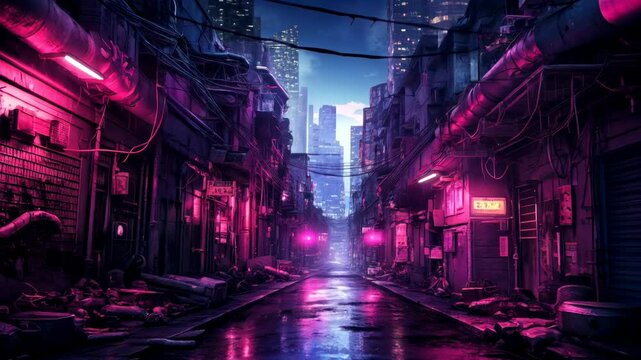 Street in cyberpunk dystopian city at night, dark alley in purple neon lights, concept of modern buildings, dystopia. 