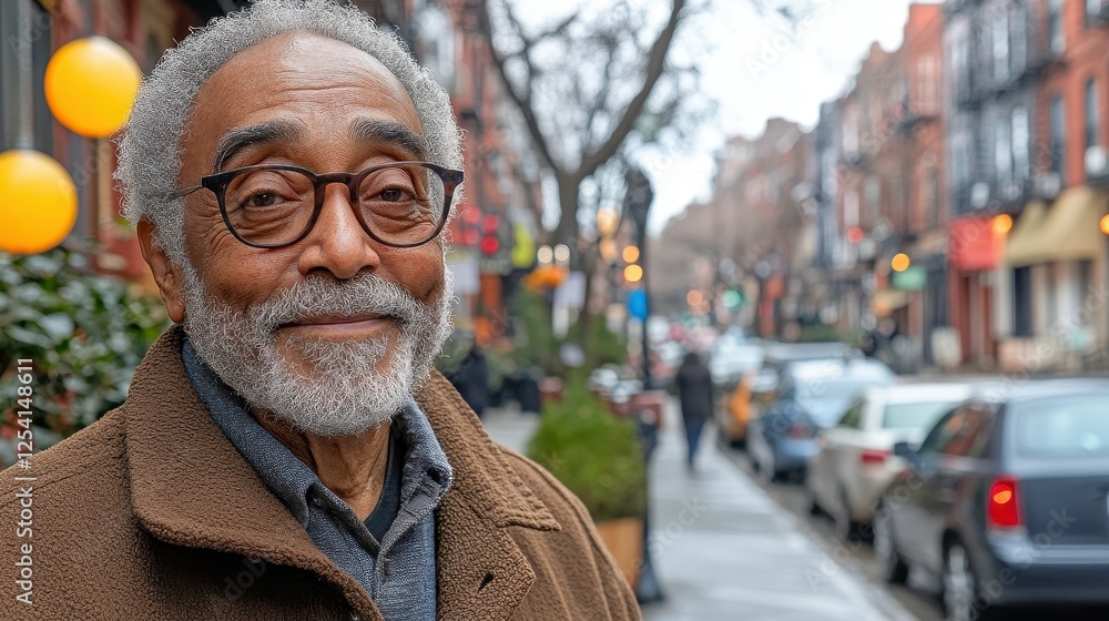 Poster a man with a beard and glasses is smiling in front of a building. the scene is set in a city with ca