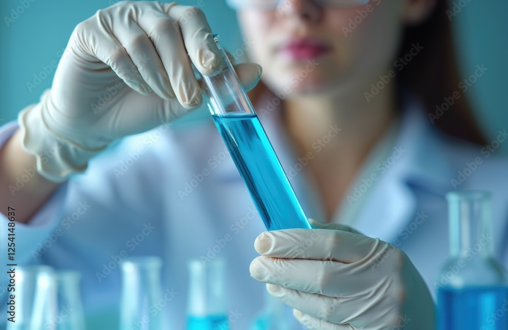 Poster scientist holds test tube with blue sample chemicals in science lab. glassware, erlenmeyer flask for
