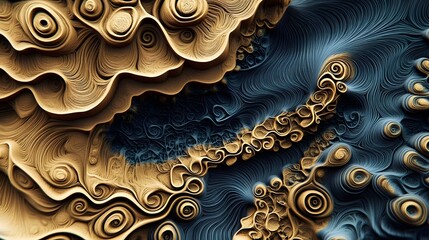 A fractal design with blue and brown colors, featuring spiral vortices
