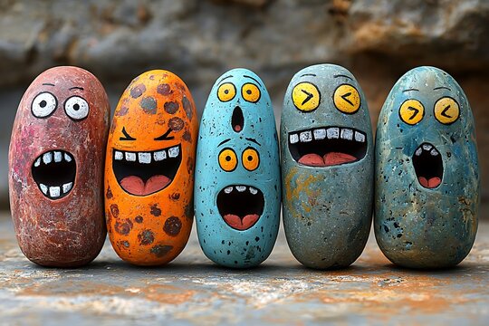 Colorful emotive characters painted on round pebbles, artfully arranged on an azure backdrop to enhance their expressive features.