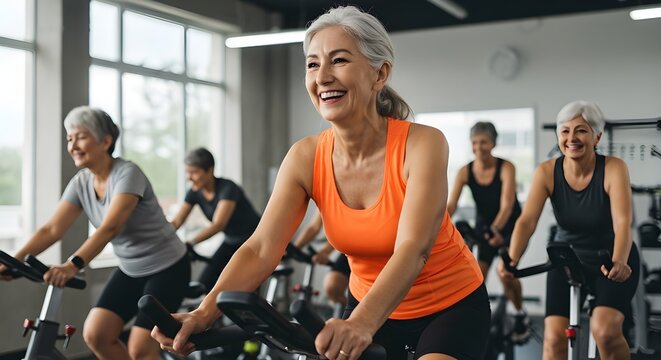 Sonriente, feliz, saludable y delgada mujer mayor con cabello gris practicando deportes en interiores con un grupo de personas en una bicicleta est&aacute;tica en el gimnasio
