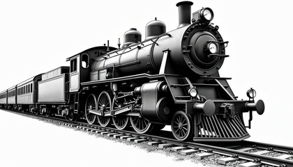 Vintage train illustration on transparent background. Railway locomotive isolated, engraved retro transport drawing. Old black and white vehicle model travels using steam engine on iron wheels.