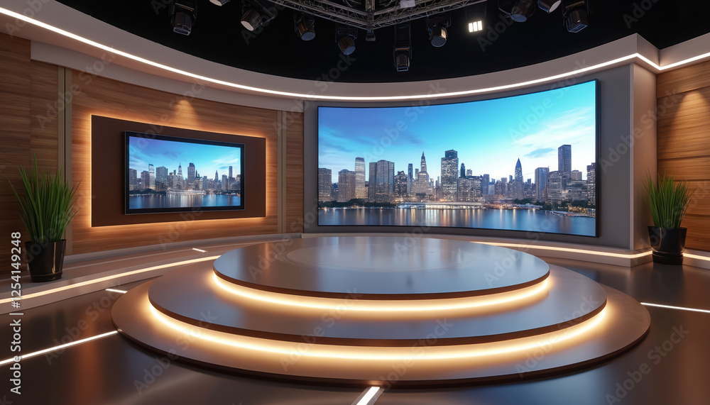 Poster modern virtual studio set background with wooden walls and led lights. cityscape skyline on wide scr