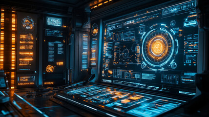 A futuristic interface displays complex data related to quantum cryptography