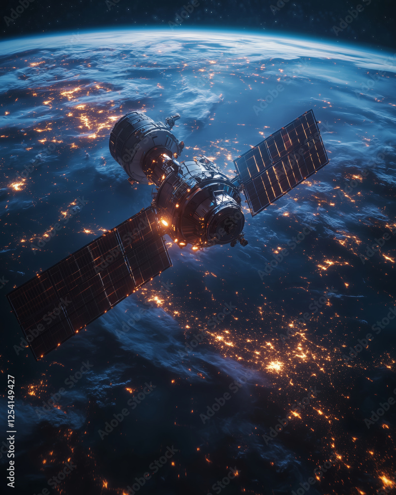 Poster quantum network in earth's orbit over illuminated cities below