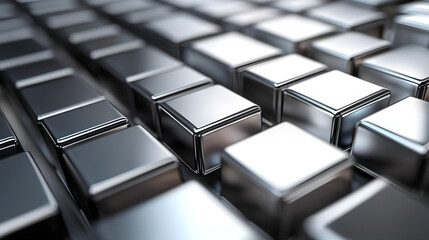 Shiny silver bars arranged in grid pattern create striking visual effect, reflecting light and casting shadows. This evokes sense of modernity and sophistication
