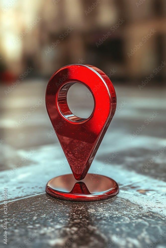 Poster close-up of a red location pin, indicating a precise point on a map. emphasizing wayfinding, travel 