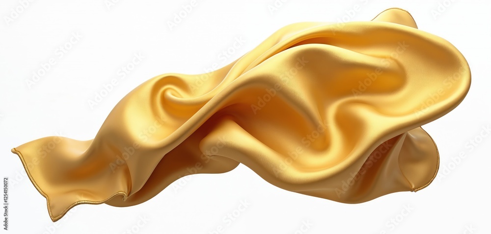Poster golden silk fabric flying on white background. 3d render illustration of gold satin textile floating