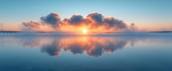 Fototapeta premium Sunrise over calm lake, misty morning, peaceful reflection
